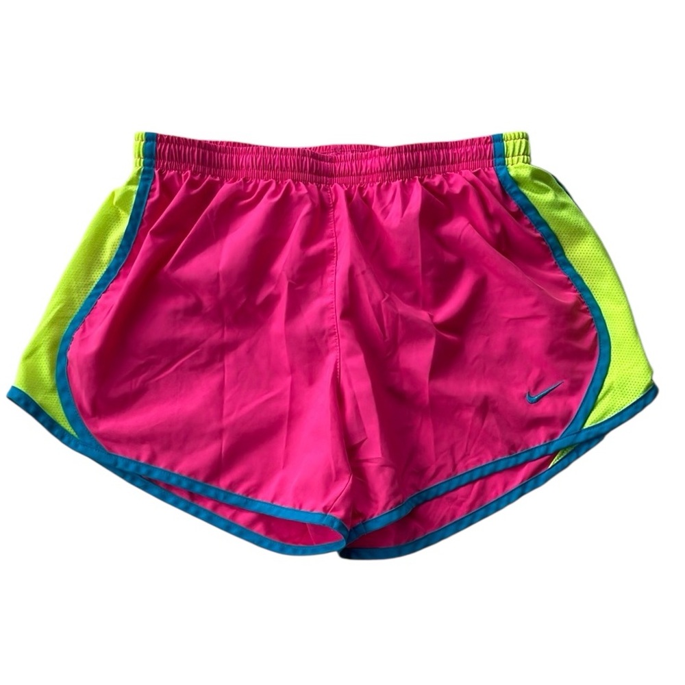 NIKE DRI FIT GIRLS PINK YELLOW BLUE ATHLETIC RUNNING SHORTS SIZE LARGE